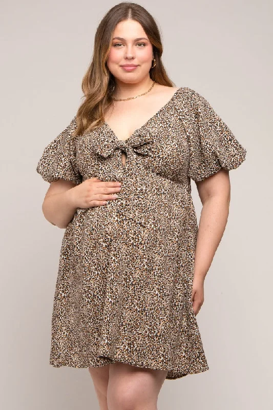 maternity summer dress -Cream Cheetah Print Knotted Puff Sleeve Plus Maternity Dress