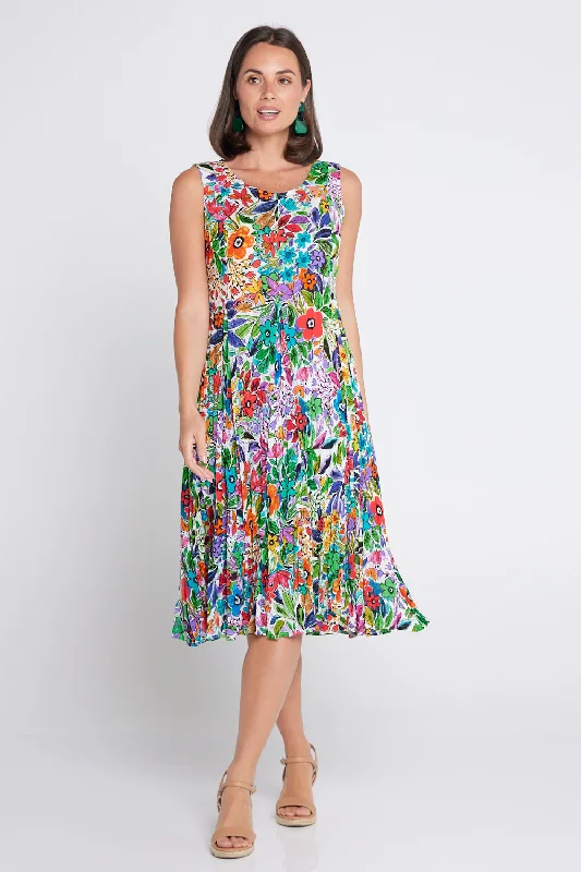 sleeveless bodycon dress -Welwyn Sleeveless Short Godet Dress - Floral Print