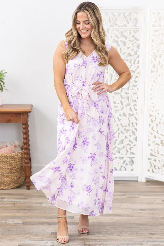 Women's maxi dress airy poplin -Lavender V-Neck Self Tie Floral Maxi Dress