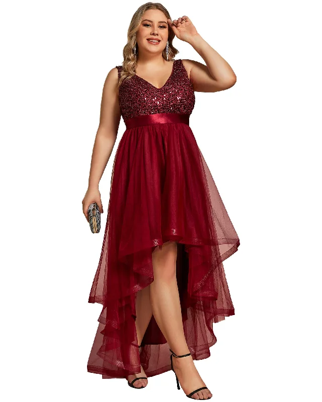 sleeveless warm-weather dress -Sleeveless Sequin Ribbon Waist Tulle High Low Evening Dress | Burgundy