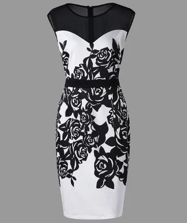 sleeveless breathable dress -Women Sleeveless Plus Size Color Bock o-neck Patchwork Vintage Hip Pencil Dress