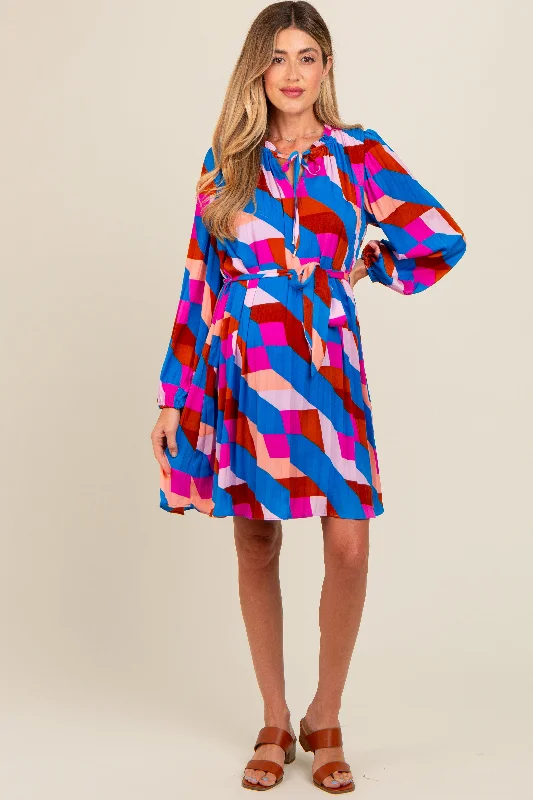 maternity nursing friendly dress -Blue Geometric Front Tie Long Puff Sleeve Maternity Dress