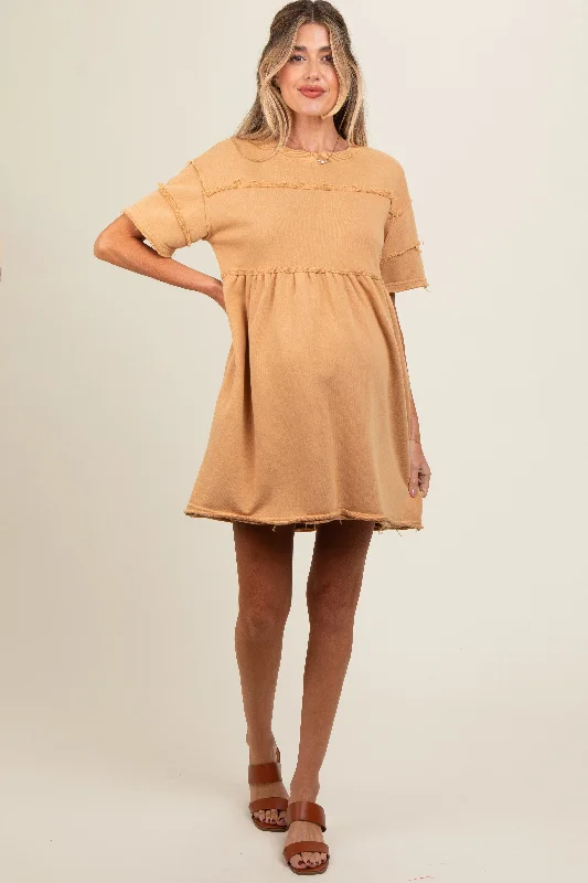 maternity floral wrap dress -Camel Raw Hem Maternity Short Sleeve Dress