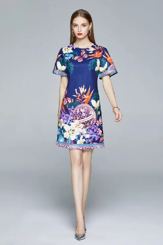 short sleeve t-shirt dress -Navy & Multicolor floral print Day A-line Crewneck Short Sleeve Short Printed Dress