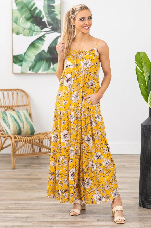 Women's maxi dress vintage plaid -Mustard Floral Print Maxi Dress