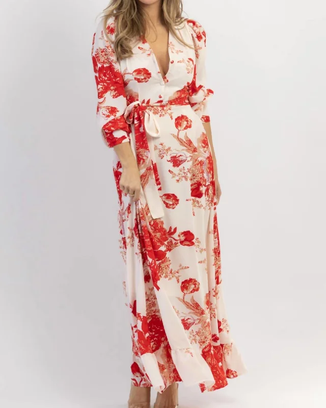 Women's maxi dress evening denim -Ritzy Floral Maxi Dress In Red | Red