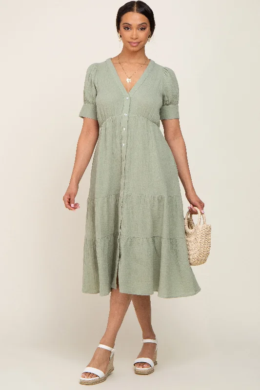 short sleeve layered ruffle dress -Mint Button Down Short Sleeve Dress