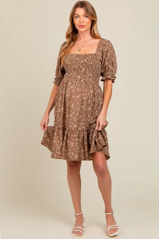 maternity grey dress -Mocha Floral Smocked Puff Sleeve Maternity Dress