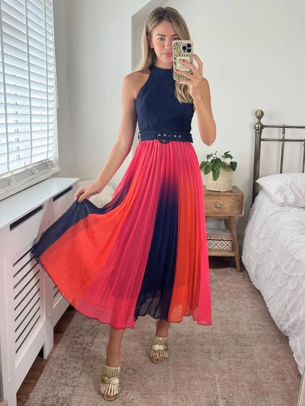 Women's maxi dress bold ochre -Luisa Belted Pleated Maxi Dress / Navy & Orange Ombre