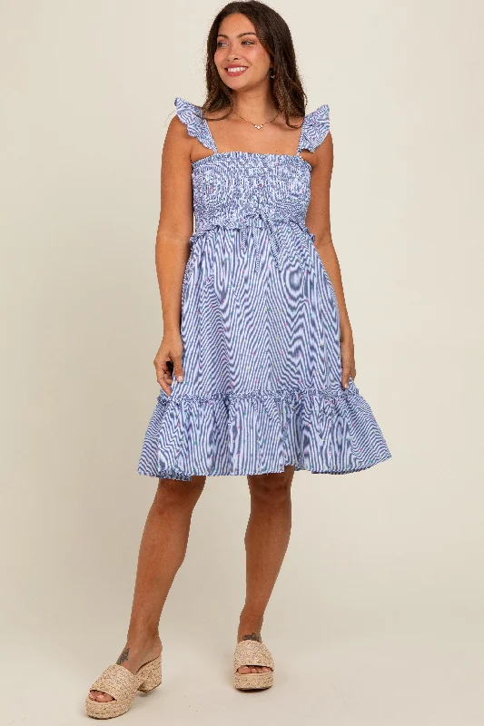 maternity ultra comfort maternity dress -Light Blue Confetti Stripe Smocked Top Maternity Dress