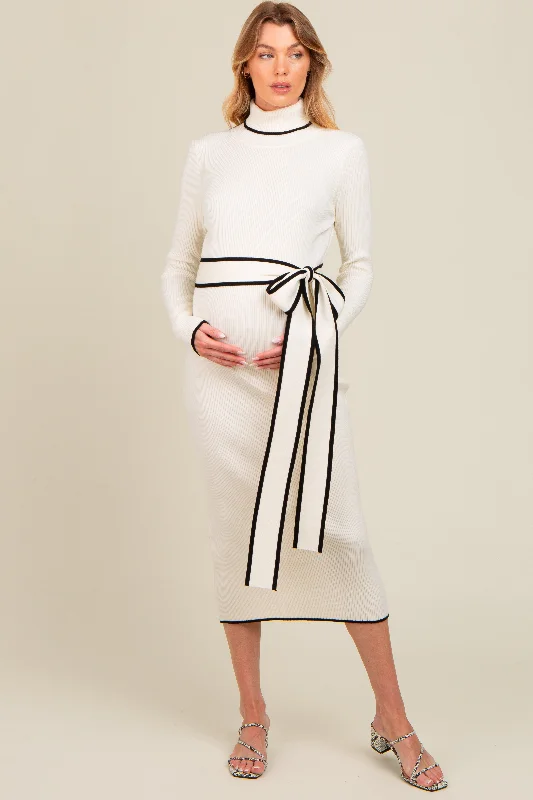 maternity stylish daily wear dress -Ivory Contrast Trim Turtleneck Maternity Sweater Dress