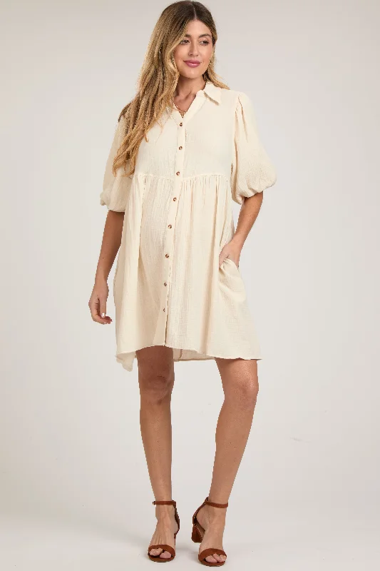 maternity long sleeve bodycon dress -Cream Button Down Bubble Sleeve Collared Maternity Dress