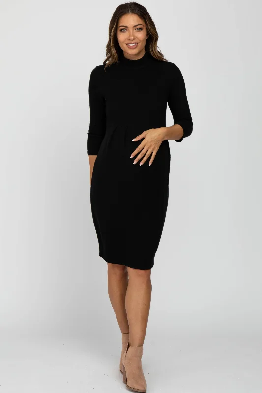 maternity t shirt dress -Black Brushed Mock Neck Fitted Maternity Dress