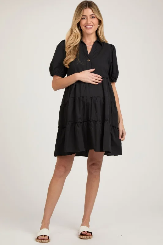 maternity urban chic maternity dress -Black Collared Tiered Maternity Dress