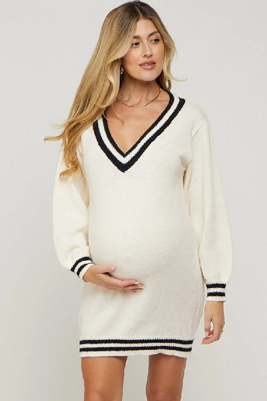 maternity non see through dress -Ivory Oversized Varsity Striped V-Neck Maternity Sweater Dress