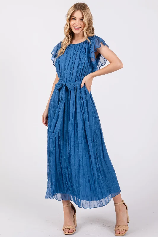 short sleeve dainty dress -Blue Short Sleeve Crinkle Self Tie Dress