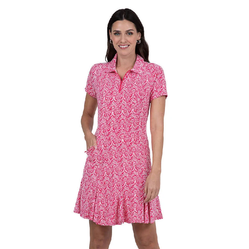 short sleeve round neck dress -IBKUL Women's Leslie Print Short Sleeve Polo Dress - Watermelon/White