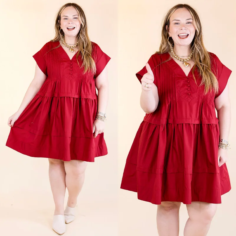 short sleeve city fashion dress -Dainty Details Short Sleeve Dress with Pleated Detailing in Maroon