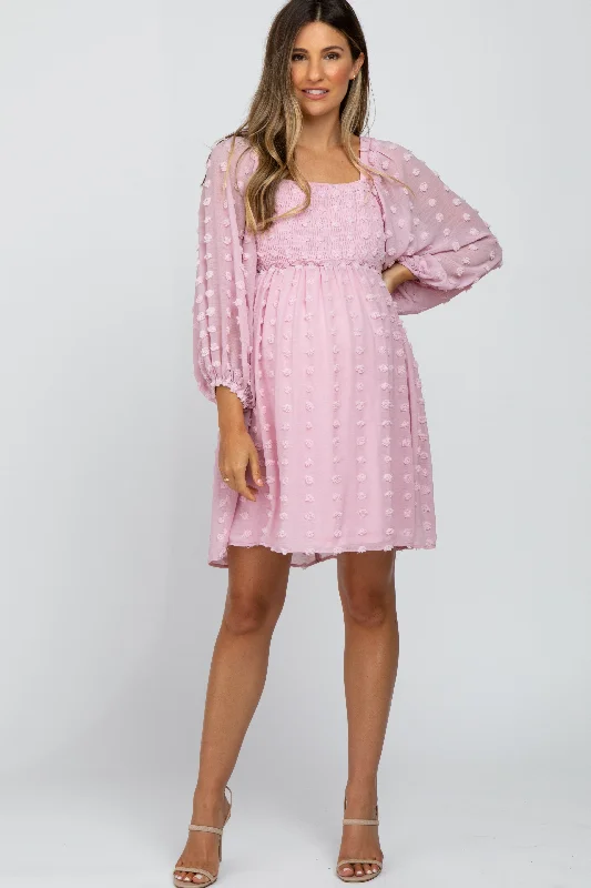 maternity fashionable dress -Pink Textured Dot Smocked Square Neck Chiffon Maternity Dress