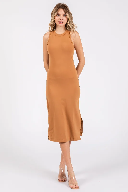 sleeveless ribbed knit dress -Camel Sleeveless Racerback Bodycon Dress