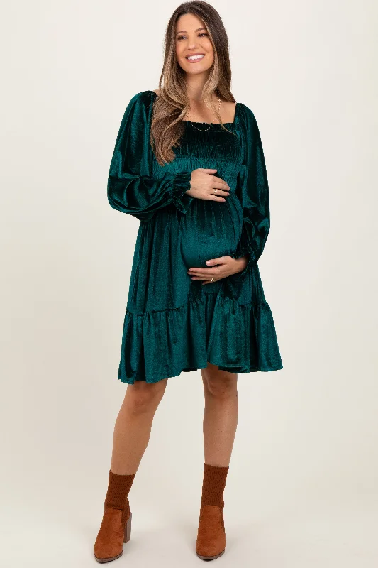 maternity fall dress -Forest Green Velvet Smocked Long Sleeve Maternity Dress