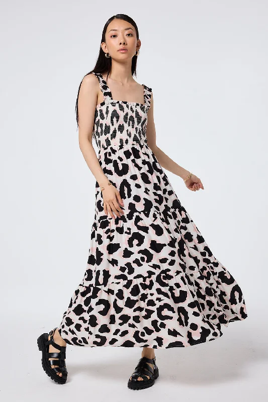 Women's maxi dress lightweight twill -Ivory with Neutral and Black Mega Shadow Leopard Maxi Sundress