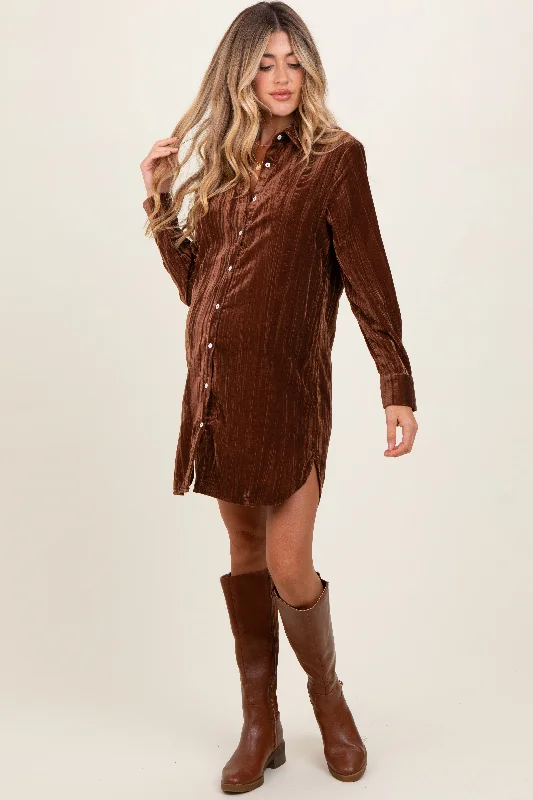 maternity loose fit dress -Brown Crinkled Velvet Button Down Maternity Shirt Dress