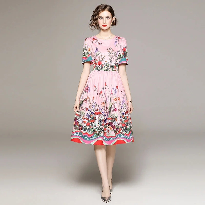 short sleeve warm-weather dress -Floral Printed Short Sleeve Dress With Lining