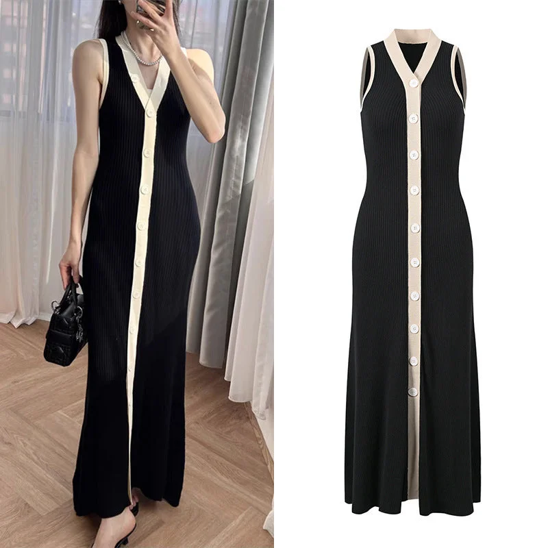 sleeveless holiday dress -French Style Elegant V-neck Sleeveless Long Knitted Dress