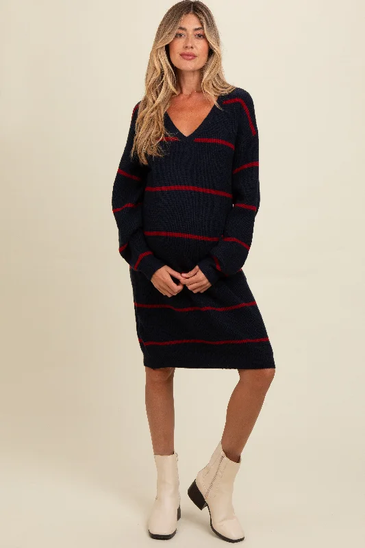 maternity non see through dress -Navy Striped Oversized Maternity Sweater Dress