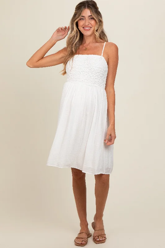 maternity flared hem dress -White Textured Smocked Maternity Dress