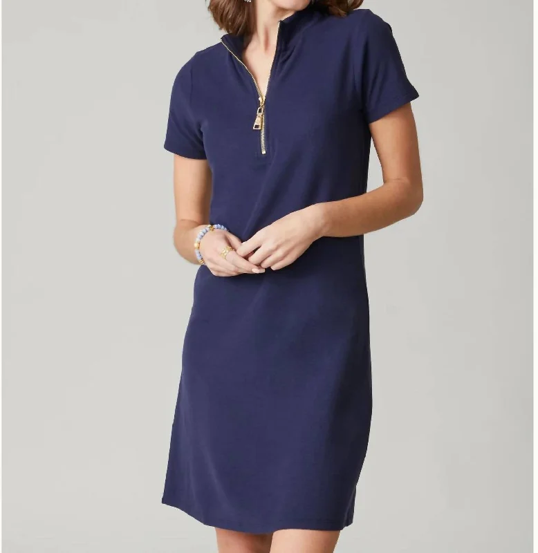 short sleeve wedding guest dress -Short Sleeve Serena Pique Dress In Navy