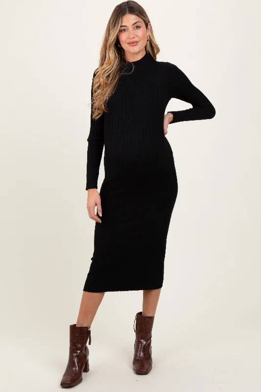 maternity stylish work dress -Black Mock Neck Ribbed Maternity Sweater Dress