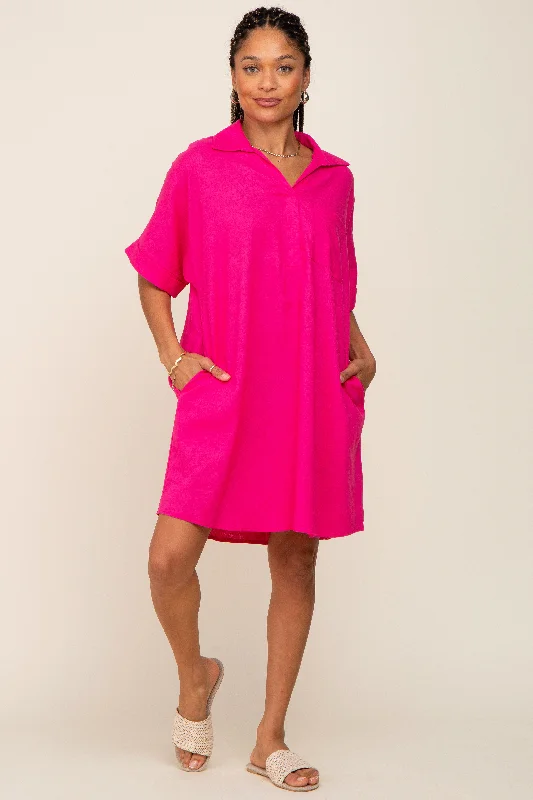 short sleeve vacation-ready dress -Fuchsia Linen Collared Front Pocket Short Sleeve Dress