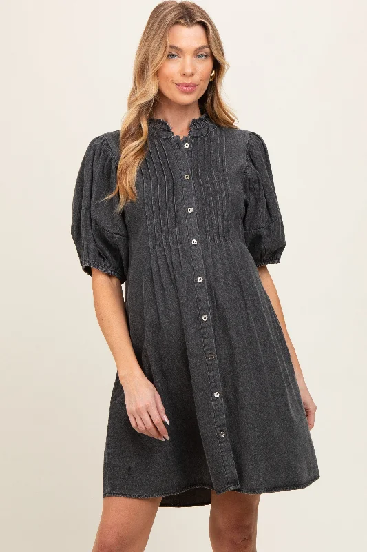 maternity satin dress -Black Button Down Puff Sleeve Maternity Dress