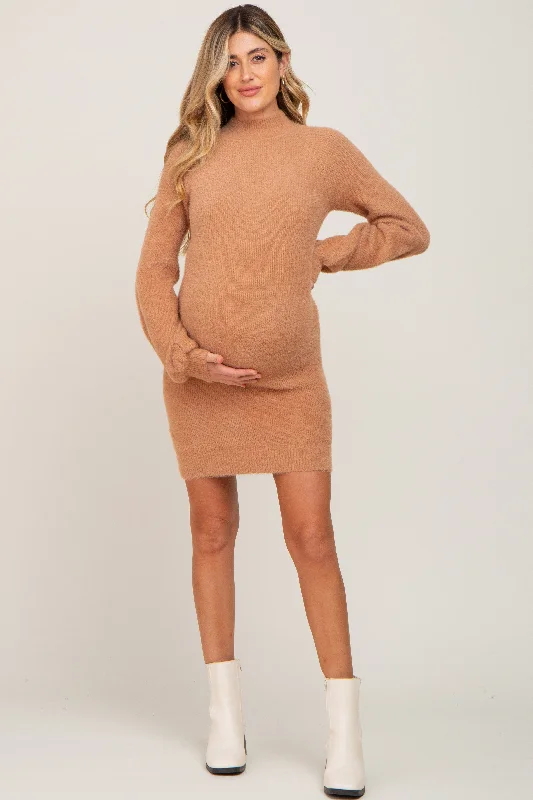 maternity summer maxi dress -Camel Fuzzy Knit Puff Sleeve Maternity Sweater Dress