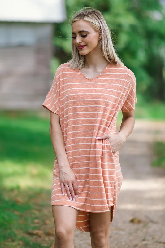 short sleeve mesh dress -Orange and White Stripe Short Sleeve Dress