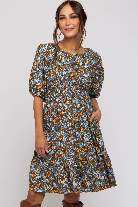 maternity blue dress -Brown Floral Smocked Puff Sleeve Maternity Dress