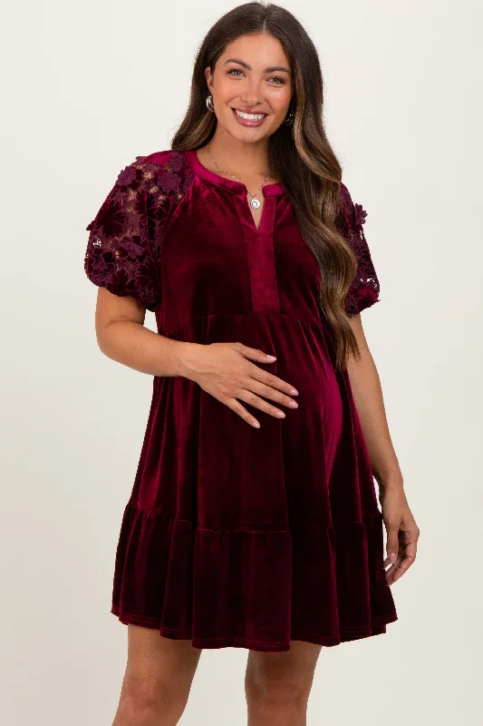 maternity pastel dress -Burgundy Velvet Floral Lace Short Sleeve Maternity Dress