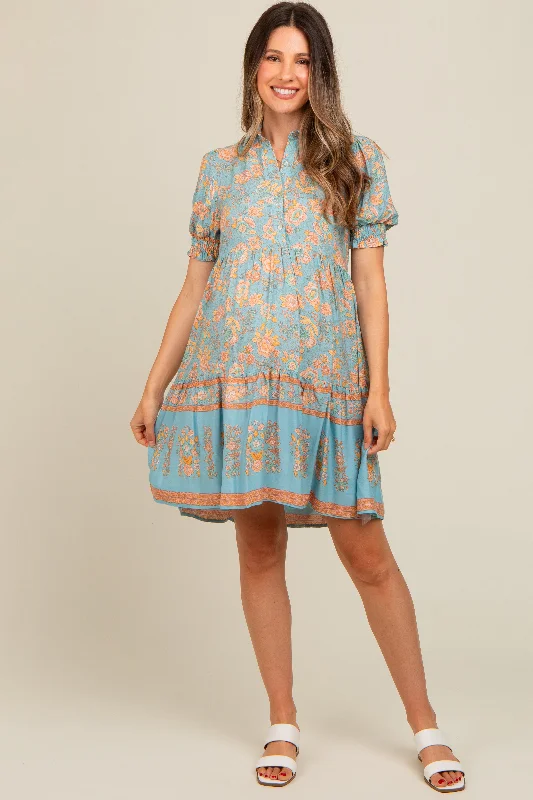 maternity bump friendly dress -Light Blue Floral Button Up Ruffle Hem Maternity Dress