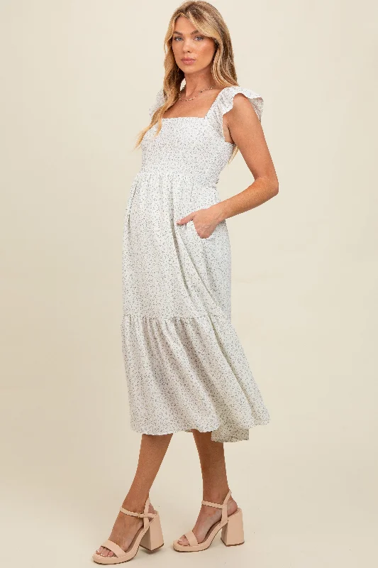 maternity double layer dress -Cream Ruffle Strap Smocked Maternity Mid Dress