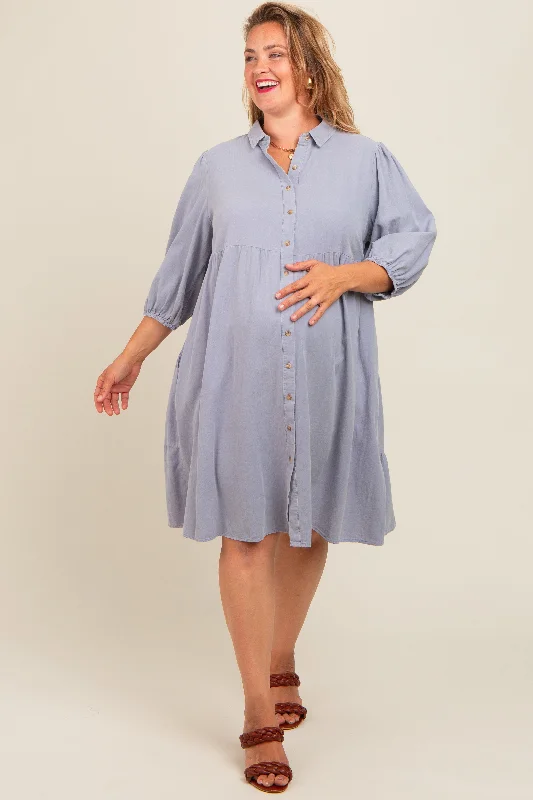 maternity lace trim maternity dress -Light Blue Button Front Maternity Plus Dress