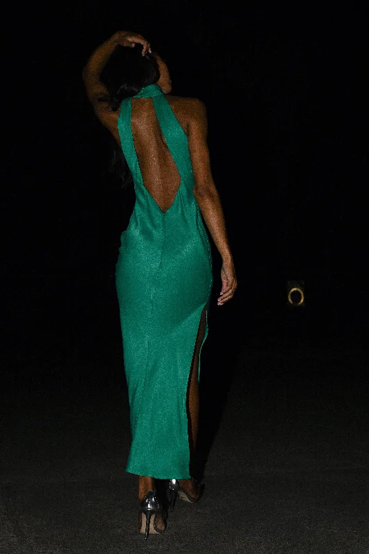 Women's maxi dress festive glow -Claire Satin Drape Back Maxi Dress with Split - Green