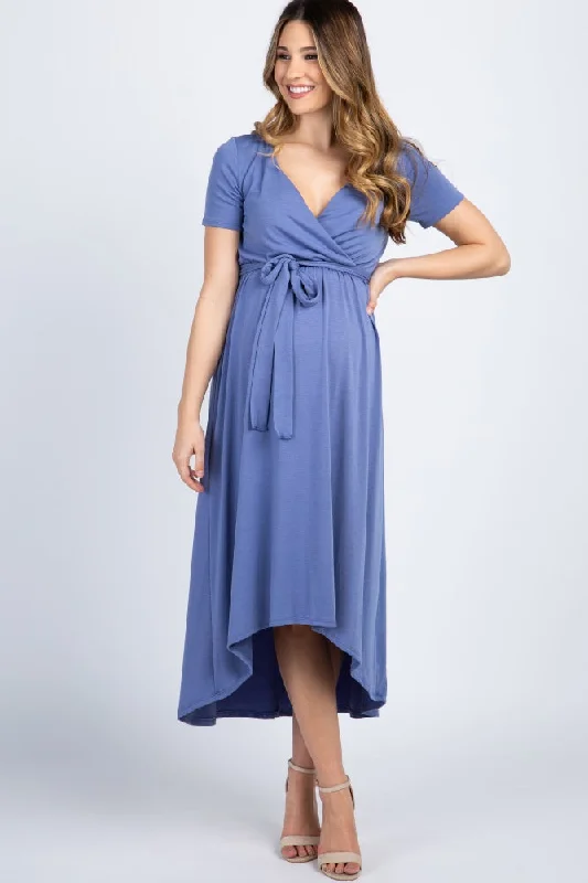 maternity sleek maternity dress -Slate Blue Solid Hi-Low Maternity Wrap Dress