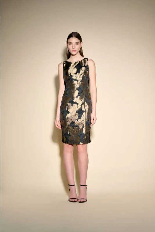 sleeveless orange dress -Joseph Ribkoff Black/Bronze Foiled Floral Sleeveless Sheath Dress 233715