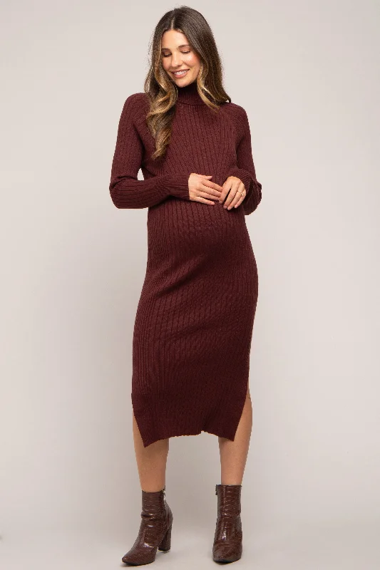 maternity sequin dress -Brown Long Sleeve Turtleneck Maternity Sweater Dress