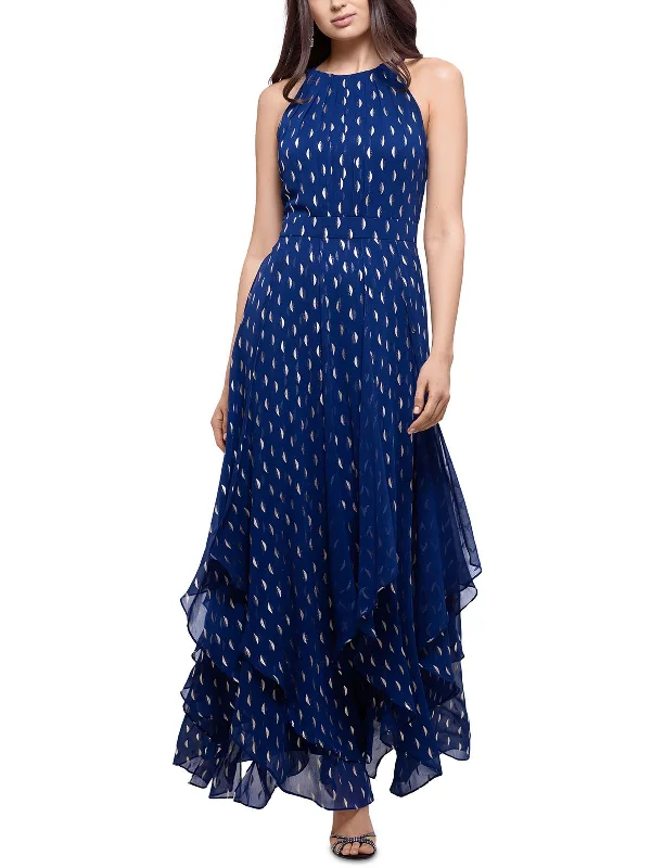 sleeveless denim dress -Petites Womens Chiffon Sleeveless Evening Dress