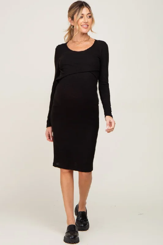 maternity lace trim maternity dress -Black Brushed Knit Long Sleeve Maternity Wrap Nursing Dress