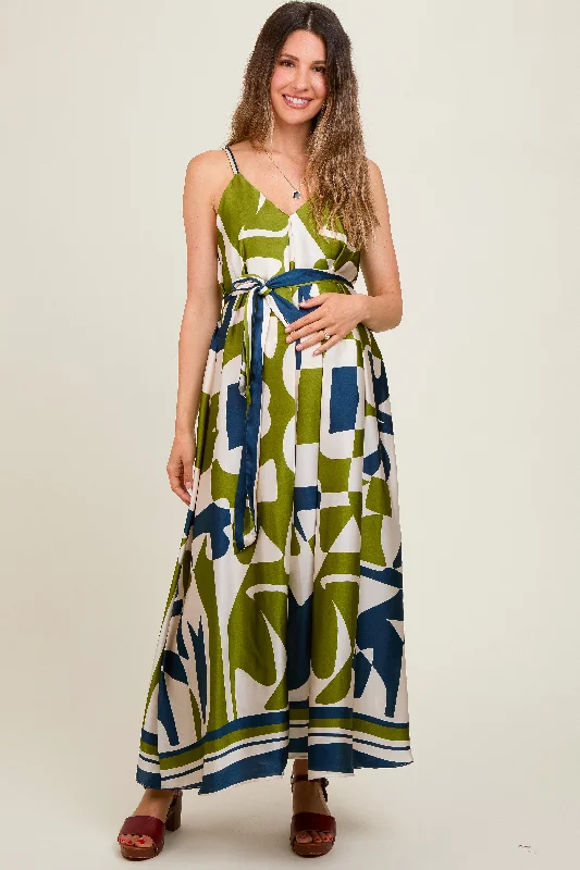 maternity beige dress -Navy Abstract Print Satin Waist Tie Maternity Dress