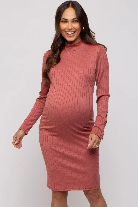 maternity sweater dress -Rust Ribbed Mock Neck Long Sleeve Maternity Dress